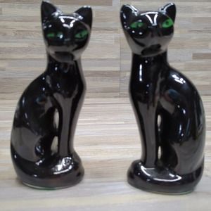 Vintage Mid-Century 8” Ceramic Black Cat Figurines-2 Pc Set Green Eyes Haloween